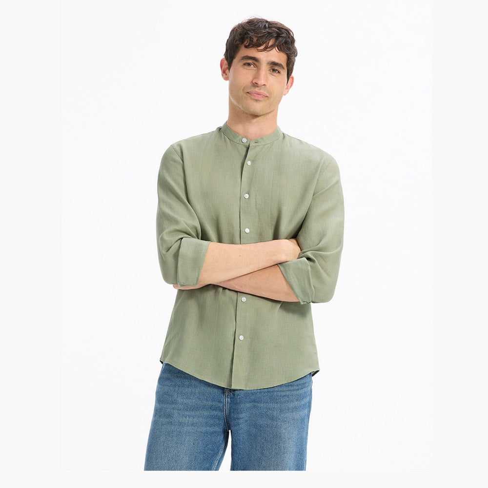 Regular-Fit 100% Linen Mandarin Collar Shirt - Sage Green