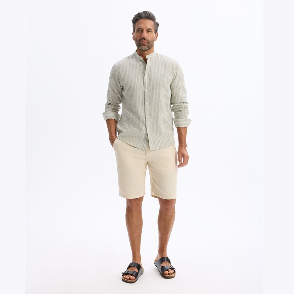 Regular Striped Shirt With Mandarin Collar In Linen And Cotton - Sage