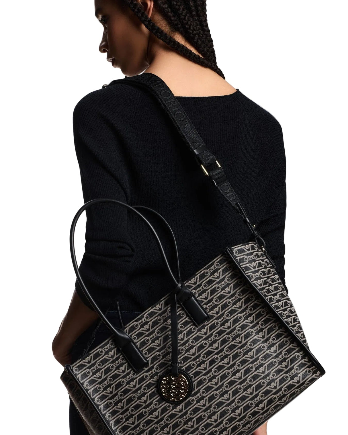 EMPORIO ARMANI Medium shopper bag with all - over monogram print EAB23 - Runner