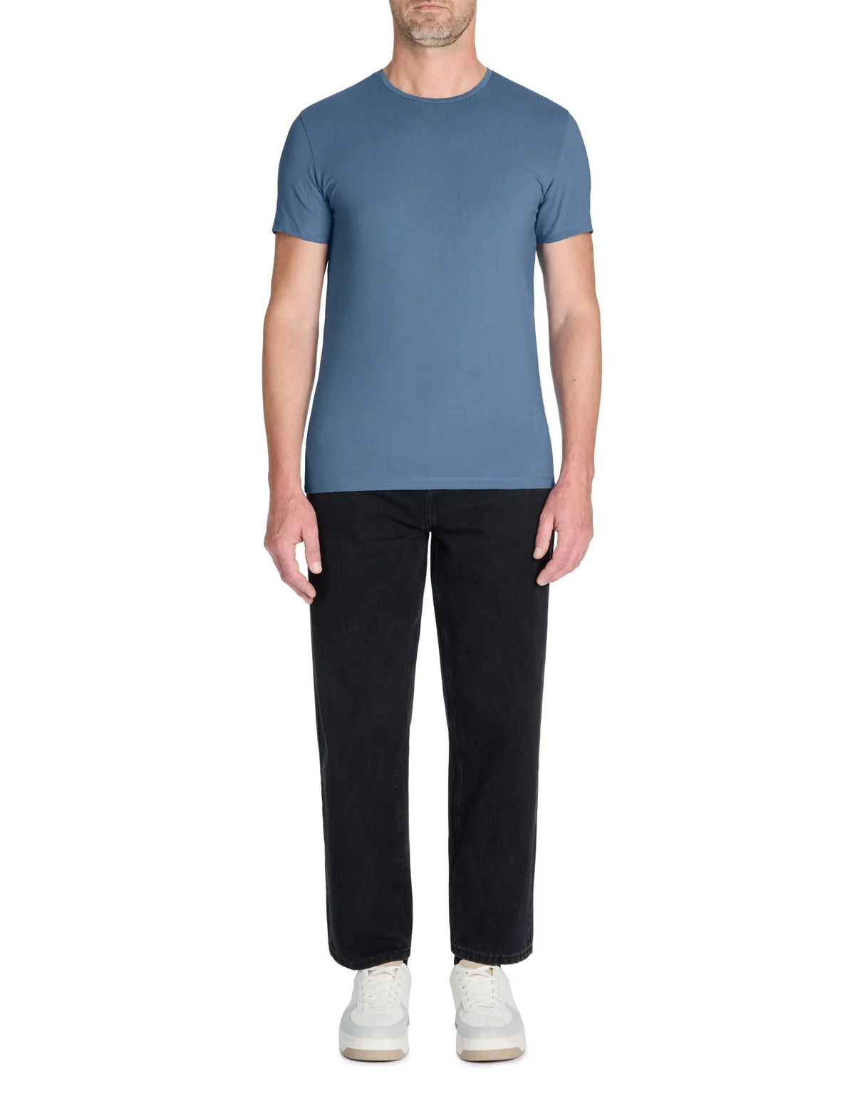 Slim Round - Neck T-Shirt In Stretch Cotton - Blue - Runner