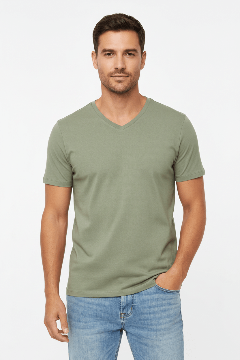 Stretch Cotton V-Neck T-Shirt - Khaki - Runner
