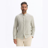 Regular Striped Shirt With Mandarin Collar In Linen And Cotton - Sage