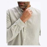 Regular Striped Shirt With Mandarin Collar In Linen And Cotton - Sage