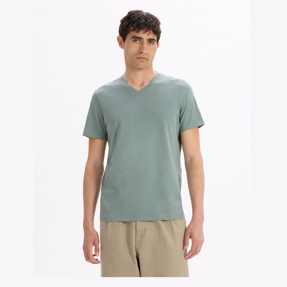 100% Cotton Straight V-Neck T-Shirt - Grey-Green