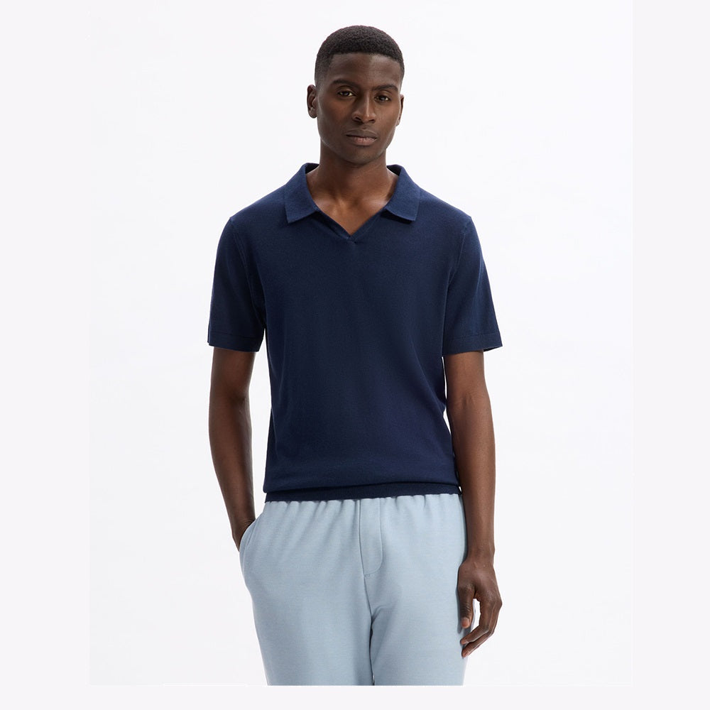 Slim-Fit 100% Cotton Knit Polo Shirt - Navy
