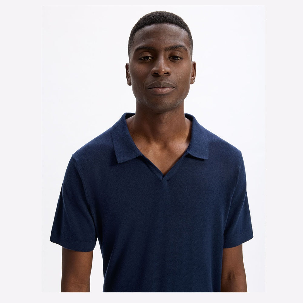 Slim-Fit 100% Cotton Knit Polo Shirt - Navy
