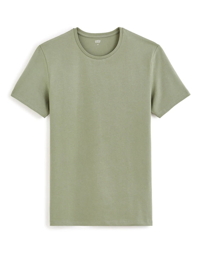 Round - Neck Stretch Cotton T-Shirt - Khaki - Runner