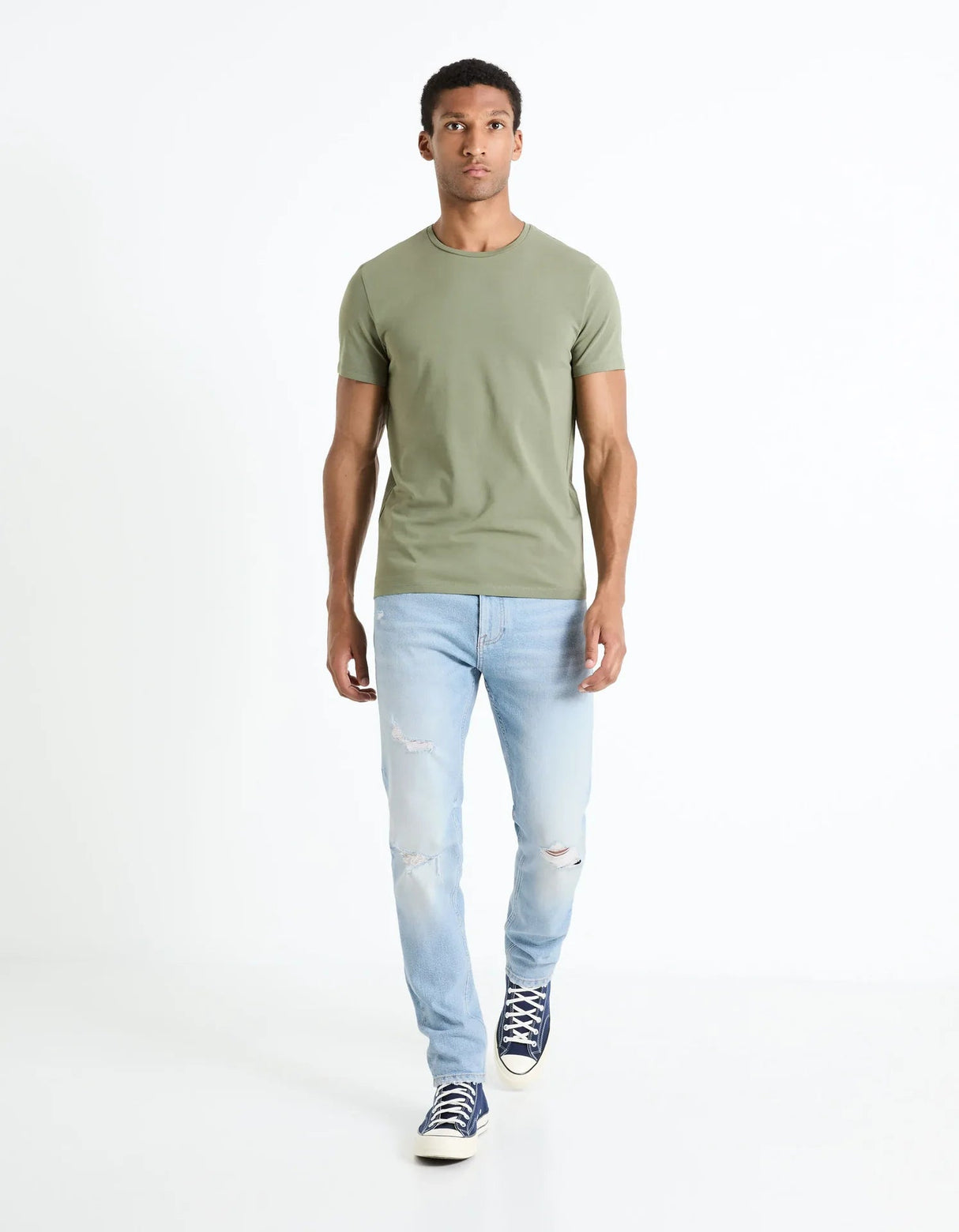 Round - Neck Stretch Cotton T-Shirt - Khaki - Runner