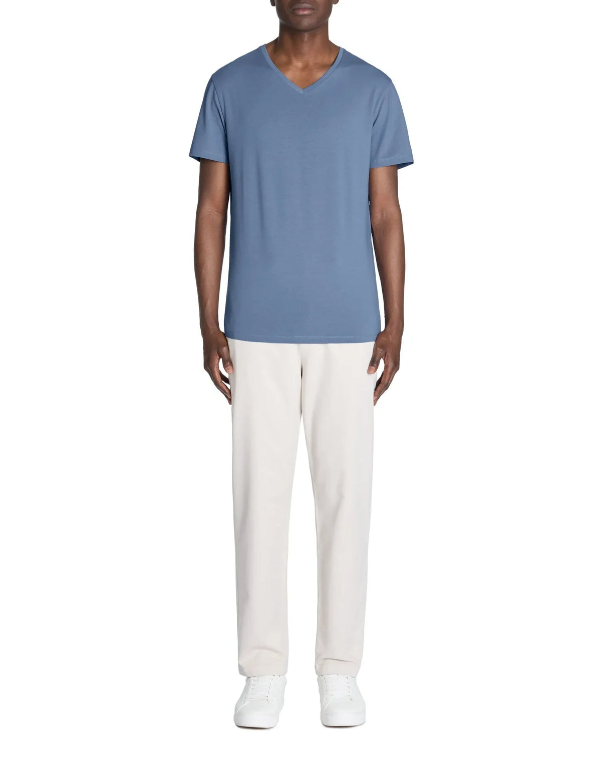 Slim V - Neck T-Shirt 100% Stretch Cotton - Navy - Runner