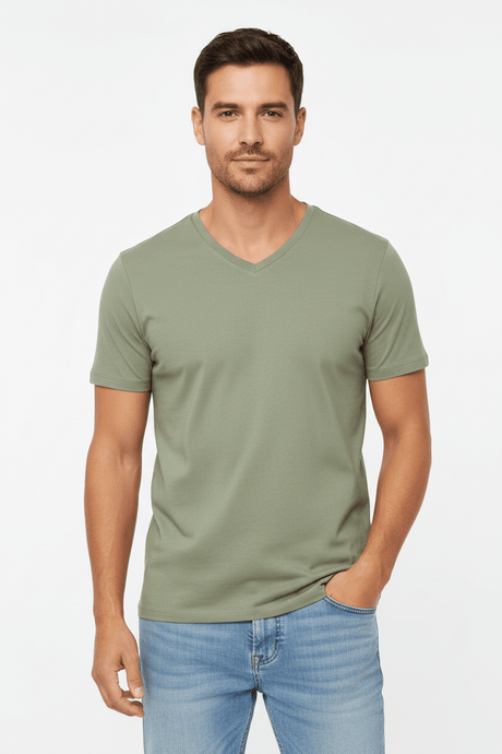 Stretch Cotton V-Neck T-Shirt - Khaki - Runner