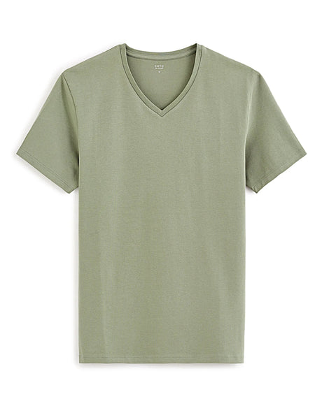 Stretch Cotton V - Neck T-Shirt - Khaki - Runner