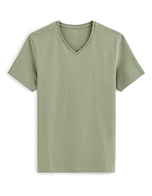 Stretch Cotton V - Neck T-Shirt - Khaki - Runner
