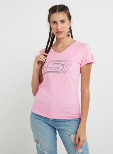 Skechers Short Sleeves V Neck T-Shirt Pink Melange